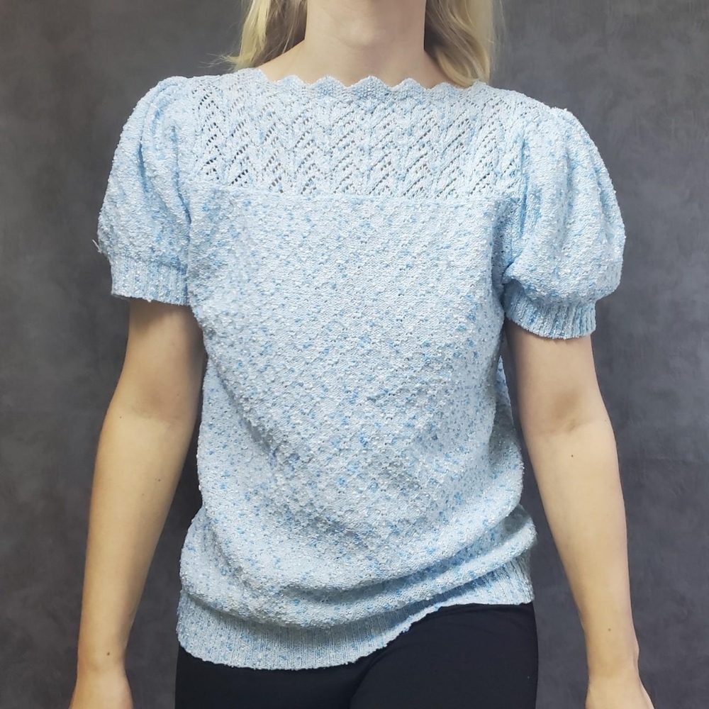 Vintage icy blue puff sleeve popcorn knit top with funky wavy neckline